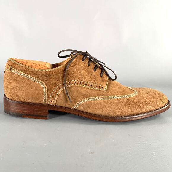 JOHNSTON & MURPHY Size 10 Brown Contrast Stitch Suede Wingtip Lace-Up Shoes - Picture 2 of 10